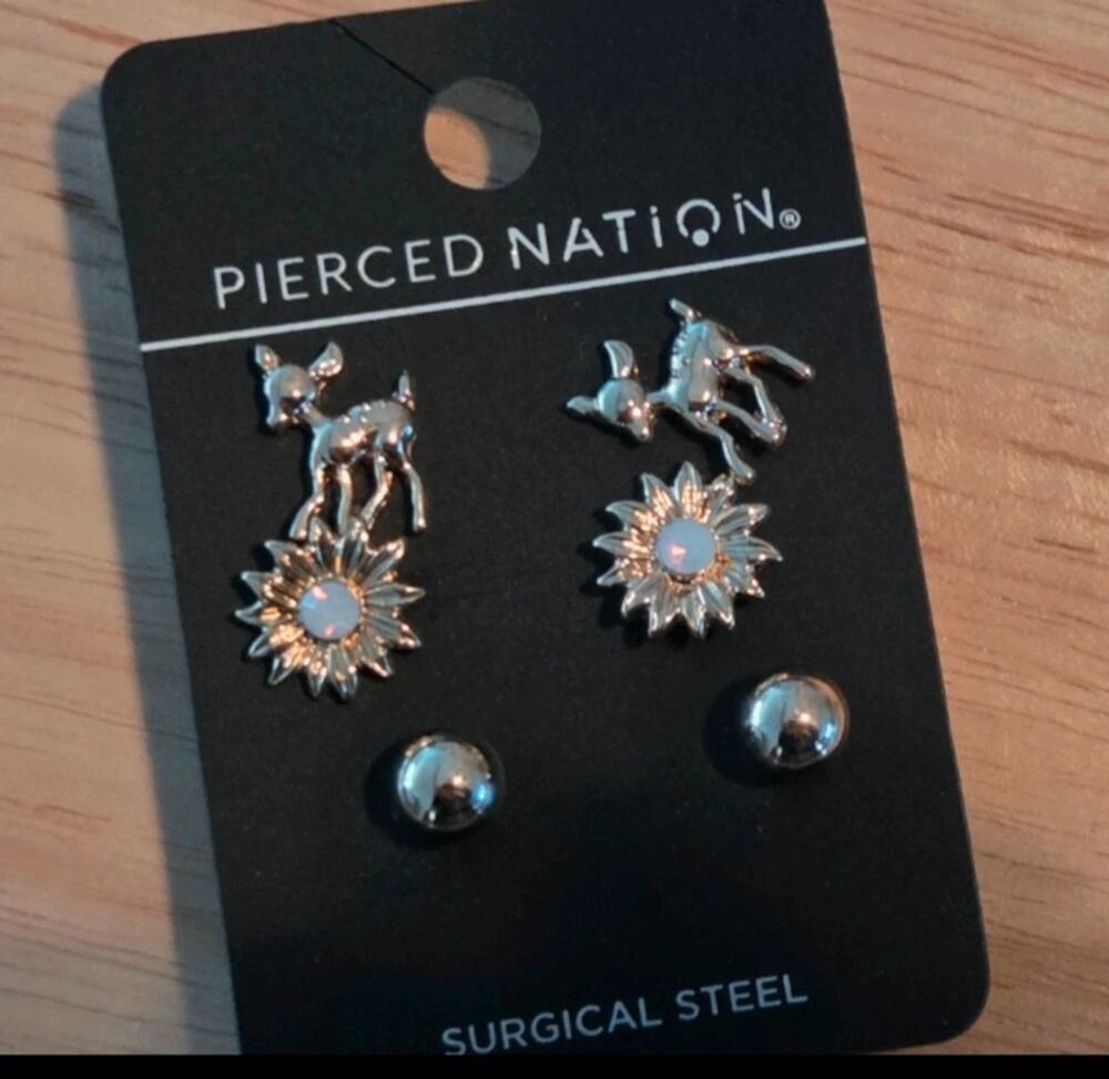 Pierced Nation Deer Flower Ball Stud Earrings 3 Pair Surgical Steel 18G NWT